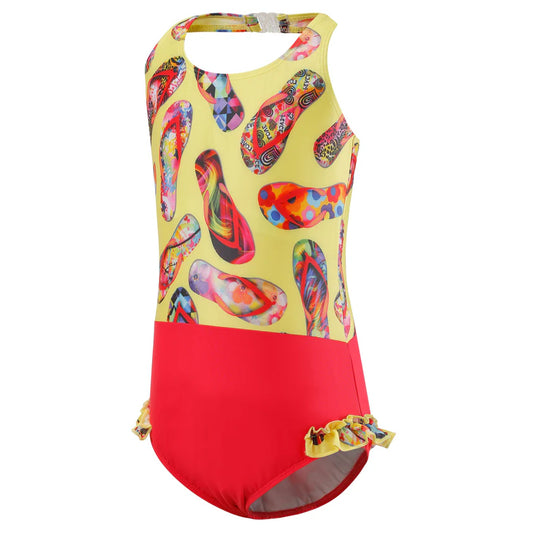 Lány pántos Eco fürdőruha flipflop mintás - arany