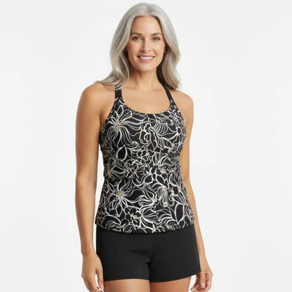 Női Tankini rövidnadrággal virágmintás - fekete