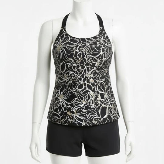 Női Tankini rövidnadrággal virágmintás - fekete