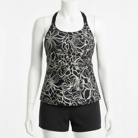 Női Tankini rövidnadrággal virágmintás - fekete