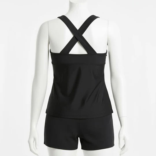 Női Tankini rövidnadrággal virágmintás - fekete